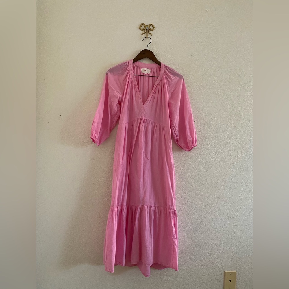 Xirena Pink Cotton Solid V-Neck 3/4 Sleeve Ruffle Midi Sundress Size XS